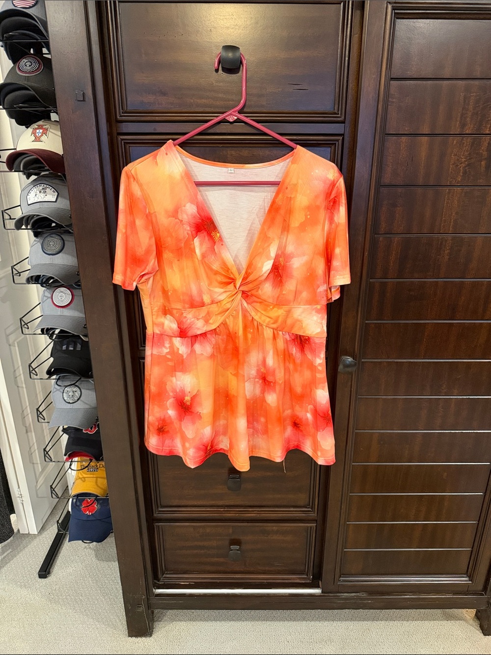 Women's Floral Twist-Front V-Neck Top - Orange